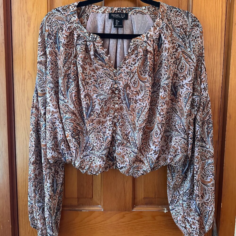 Rachel Zoe Lilac Paisley Crop Blouse S Boho V-Neck Balloon Sleeve
